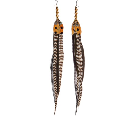 Jewelry Orange with White and Black Long Feather Earrings