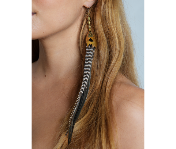 Jewelry Orange with White and Black Long Feather Earrings